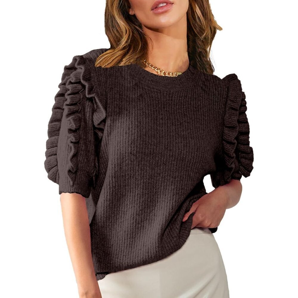 Women's Ruffle Short Sleeve Sweater Top Lightweight Crew Neck Knit Blouse